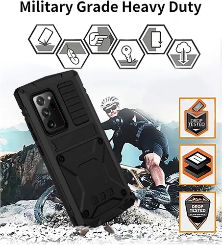 Vista 6 de Funda de metal compatible con Samsung Note 20 Ultra con protector de pantalla militar, resistente a prueba de golpes, con soporte para cámara, funda