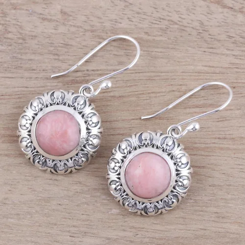 Vista 3 de NOVICA Aretes colgantes hechos a mano de plata de ley 925 con ópalo, piedra natal redonda de la India rosa 1.4 pulgadas de largo x 0.8 pulgadas