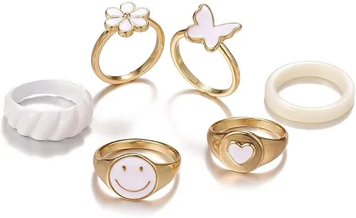 Vista 3 de KISS WIFE Cute Rings Aesthetic Rings for Girls Women Y2K Preppy Jewelry Stackable Joint Finger Rings for Teen Girls Gold White Pink Green Rings Set