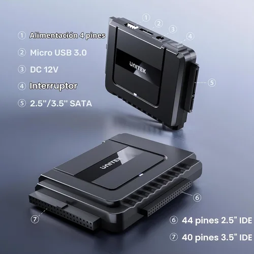 Vista 2 de Unitek Adaptador USB A/C IDE/SATA, doble unidad para HDD/SSD de 2.5/3.5", 5Gbps Simultaneous 1 IDE + 1 SATA Access; For 2.5/3.5" IDE/SATA Drives