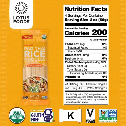 Vista 2 de Lotus Foods Fideos tailandeses orgánicos de arroz integral – Fideos de estilo asiático para salteados, sin gluten, vegano, grano entero, sin OMG