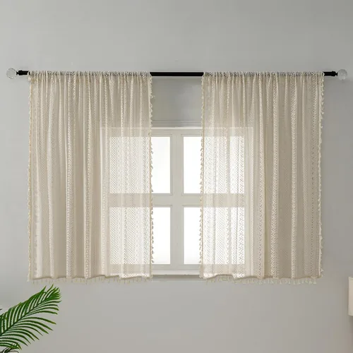 Vista 2 de WAZZIO Cortinas de Encaje, Cortina Boho de Crochet para Dormitorio, Cortinas de Café de Algodón, 45 Pulgadas de Largo, 2 Paneles con Bolsillo