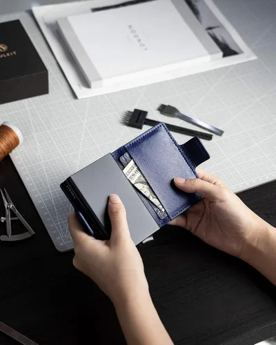 Vista 7 de VULKIT Tarjetero de crédito con bloqueo RFID de cuero automático billetera desplegable delgada con clip para dinero funda doble para tarjetas