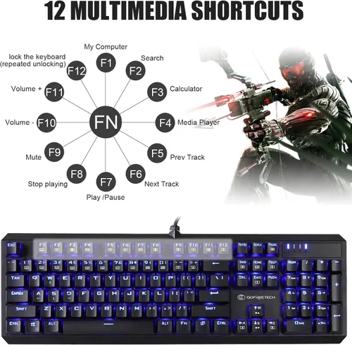 Vista 4 de GOFREETECH - Teclado mecánico de PC con cable RGB retroiluminado azul LED resistente a derrames sensación mecánica ergonómica de 104 teclas