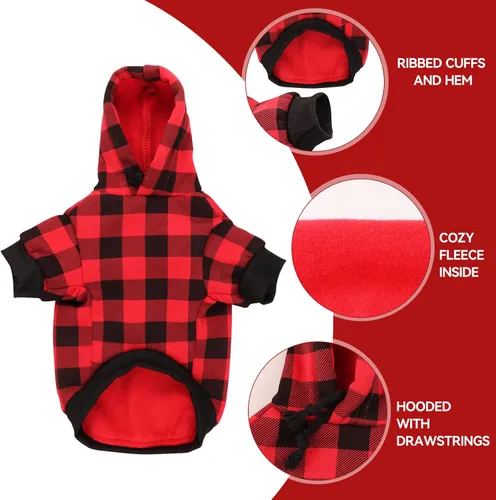 Vista 3 de Suéter para perro, ropa para mascotas a cuadros de búfalo rojo, cálido y suave, transpirable, acogedor con capucha para mascotas pequeñas, suéteres