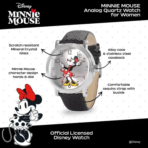 Vista 2 de Disney Minnie Mouse Reloj de cuarzo analógico para adultos, estilo vintage, con manos articuladas