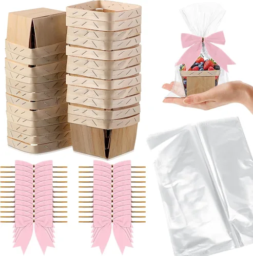 Vista 9 de Kigley Juego de 24 mini cestas de regalo de madera con bolsas de celofán y lazos, kit de cestas pequeñas de bayas vacías de 4 pulgadas