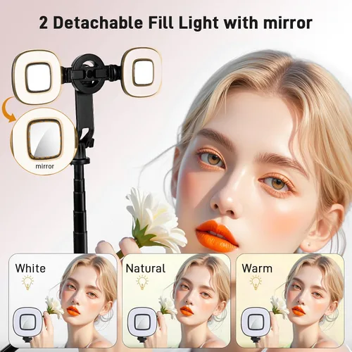 Vista 2 de WOVTE Trípode magnético para selfie stick con 2 luces LED, trípode de 52 pulgadas para iPhone con control remoto recargable, palo selfie portátil