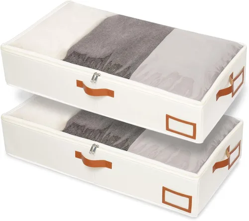 Vista 11 de Yawinhe Almacenamiento debajo de la cama, paquete de 2 organizadores de armario, bolsas plegables para contenedores, con ranura para tarjeta de Beige