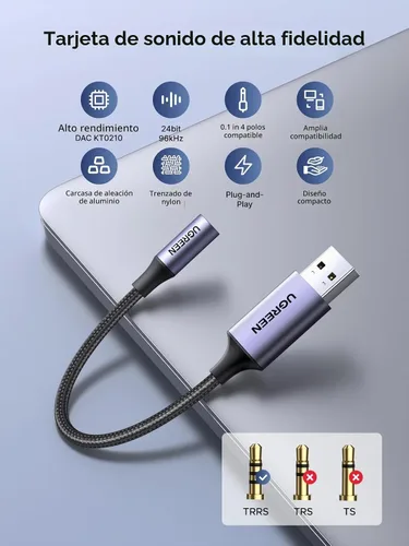 Vista 2 de UGREEN Adaptador de audio USB a conector de 0.1 in para auriculares DAC
