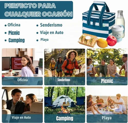 Vista 6 de VENO Paquete de 2 bolsas de almuerzo aisladas, resistentes al agua Raya azul marino clásica