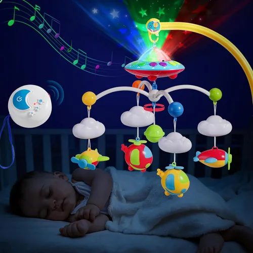 Vista 10 de Mini Tudou Cuna móvil musical para bebé con música y luces, función de temporizador, proyección, sonajero para llevar y caja de música para bebés