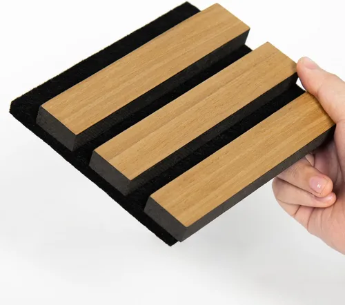Vista 14 de SMARTSTANDARD Paneles de pared acústicos de muestra en madera, panel de pared insonorizado, panelado de listones de madera estriado en 3D para Roble