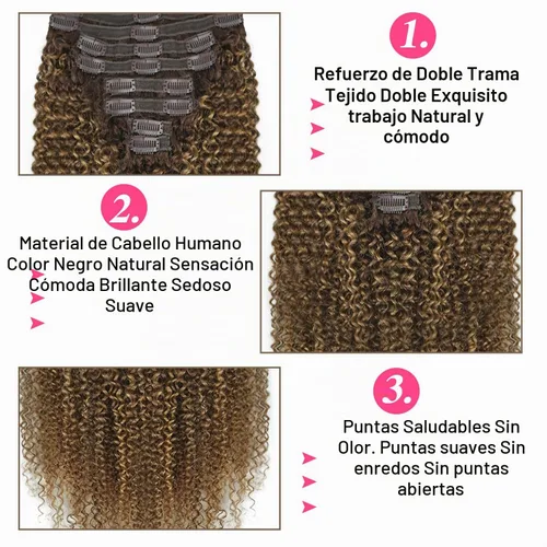 Vista 3 de Extensiones de cabello humano real rizado con clip, 4/27/4, ombré, rizado con clip, para mujer, 3C y 4A (12 pulgadas, #4/27/4)