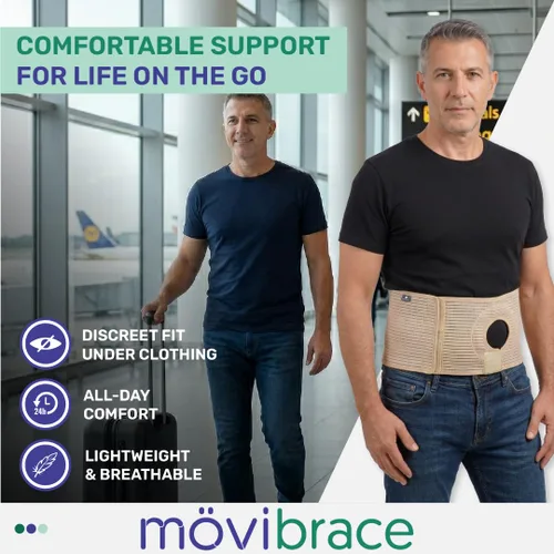 Vista 4 de Movibrace Cinturón de ostomía para colostomía e ileostomía - Soporte ajustable para hernia abdominal con apertura acolchada de estoma, cinturón