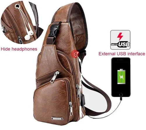 Vista 5 de Mochila estilo bandolera de piel para hombres y mujeres, bandolera de hombro, al pecho, mochila de uso diario para viajes, al aire libre
