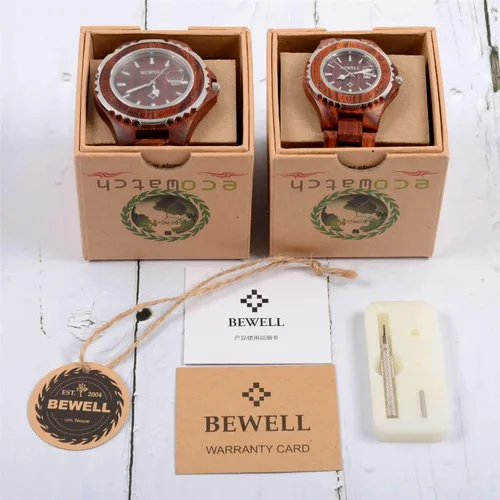 Vista 5 de Bewell ZS-100B - Reloj de cuarzo de madera para parejas para hombres y mujeres hecho a mano ligero con fecha a la moda rojo sándalo Red Sandalwood