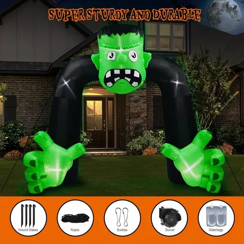 Vista 6 de Arco inflable de Halloween de 9 pies de alto, decoración de Frankenstein, arco inflable de Frankenstein integrado, 5 luces LED para decoración