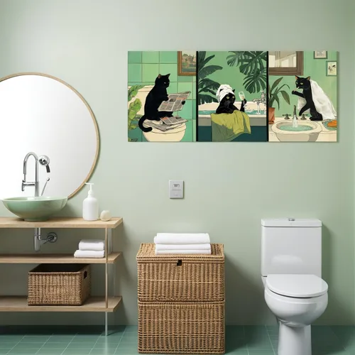 Vista 6 de Arte de Pared de Lienzo de Gato Negro Divertido para Baño, Lindo Estampado de Animales para Cuarto de Baño Inodoro Leyendo Periódico Humor