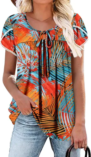 Vista 17 de BETTE BOUTIK Blusas de verano para mujer, plisadas, de manga corta, con cordón, cuello redondo, tallas S-3XL