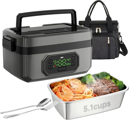 Vista 8 de Lonchera eléctrica inalámbrica recargable de 24000 mAh para adultos, calentador de alimentos de 1.6 L con temporizador y a prueba de fugas