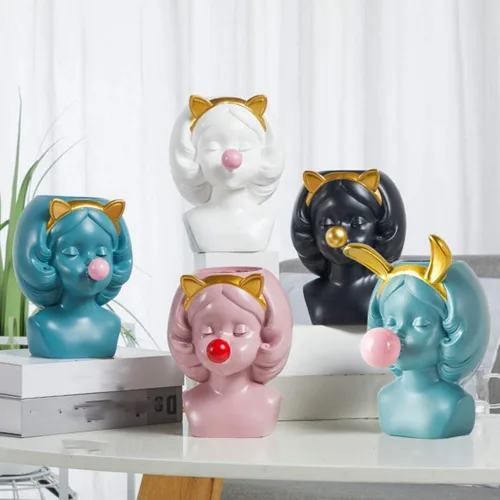 Vista 9 de Pequeño florero de resina nórdica linda chica chicle estatua figura suculenta planta maceta moderna decoración del hogar soporte para bolígrafo