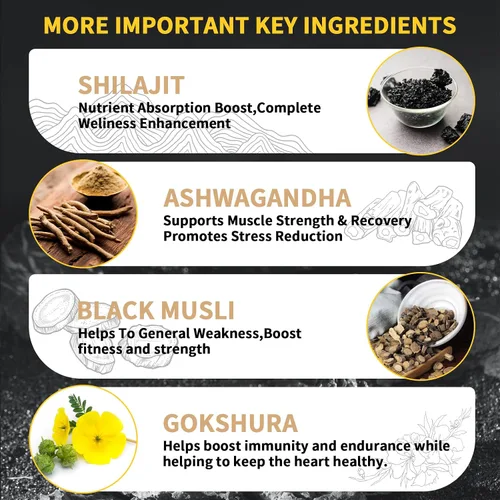 Vista 5 de Gomitas Shilajit, gomitas puras del Himalaya Shilajit doradas, sin azúcar añadido, sin OMG, 100% naturales y orgánicas, Ashwagandha, Gokshura, ácido