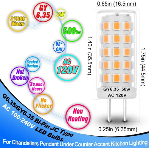 Vista 2 de Heifymi AC100-240V GY6.35 Bombilla LED equivalente a 5 W Halgoen JC tipo GY6.35/G6.35 base bi-pin blanco cálido 2700 K para candelabros, colgante