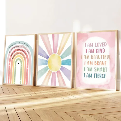 Vista 3 de 6 piezas de arte de pared rosa con diseño de arcoíris boho, patrón de corazón colorido, póster impreso, imágenes en lienzo para poder de niña