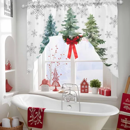 Vista 5 de Cortinas de cocina con cenefa de árbol de Navidad, cenefa con bolsillo para barra, paneles de cortina para dormitorio, sala de estar, baño