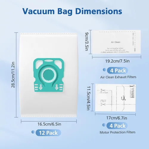 Vista 7 de Paquete de 12 bolsas de vacío para aspiradora HyClean Air TU compatibles con aspiradoras Miele Guard L1 y S1, con 4 filtros de escape AirClean y 4