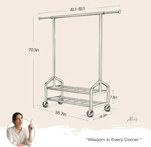 Vista 8 de Heavy Duty Clothes Rack, Rolling Clothing Rack Load 650 LBS for Hanging Clothes with 2 Sturdy Shelves, Metal Garment Rack with Wheels for Bedroom