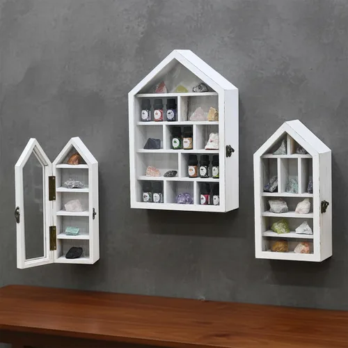 Vista 7 de Ikee Design Juego de 3 piezas montadas en la pared en forma de casa de madera con forma de cubículo de sombra con puerta, vitrina de almacenamiento
