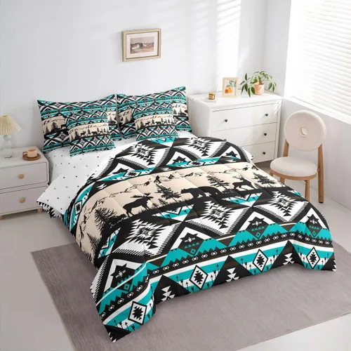 Vista 24 de Feelyou Juego de edredón de ciervo con sábanas – Tamaño Queen 7 piezas Juego de ropa de cama infantil de caza rústica – Cama de ciervo de cabaña