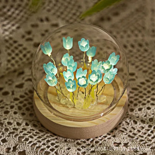 Vista 3 de Luz nocturna de tulipanes de bola de cristal, lámpara de noche de flores de bola de vidrio con base de madera, regalos de tulipanes para mujeres
