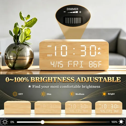 Vista 5 de Reloj despertador digital de madera de bambú premium con cargador de teléfono inalámbrico, puertos de carga USB duales, pantalla LED regulable