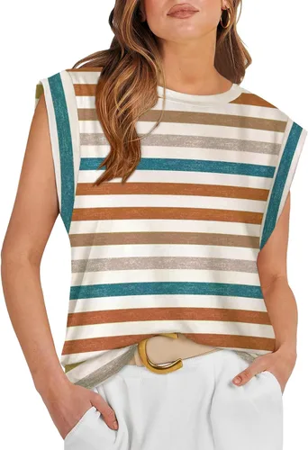 Vista 8 de WIHOLL Camisetas de mangas casquillo para mujer, camisetas básicas de verano, camisetas informales sin mangas, ajuste holgado, a la moda D - Raya