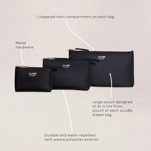 Vista 4 de JuJuBe Nuevo juego de 3 piezas, bolsas organizadoras de bolsas de pañales, bolso convertible a pequeño con correa cruzada, bolsa de cosméticos