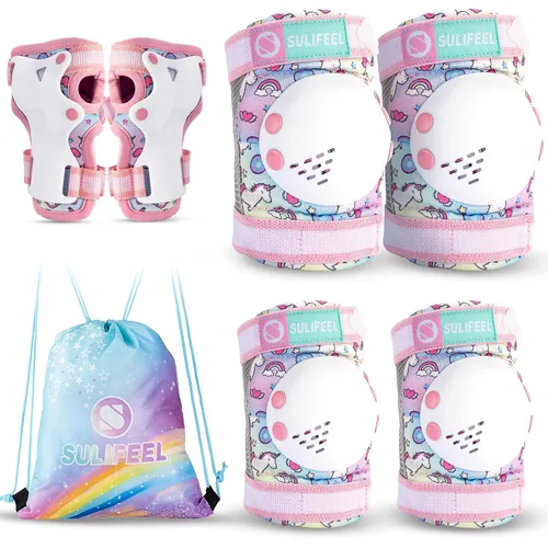 Vista 11 de Rodilleras de arcoíris y unicornio para niños, coderas, muñequeras con bolsa de cordón, juego de equipo de protección ajustable para niñas, patinaje
