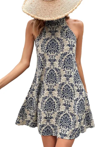 Vista 6 de WDIRARA Vestido de mujer con estampado bohemio, dobladillo acampanado, sin mangas, con lazo en la espalda, con cinturón