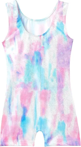 Vista 2 de Domusgo - Leotardos de gimnasia para niñas, brillantes de una sola pieza, con pantalones cortos