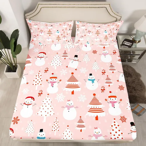 Vista 35 de Juego de sábanas con diseño de Papá Noel y muñeco de nieve para niños, niñas y niños, de temática navideña, juego de cama con diseño de árbol