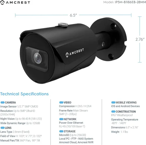 Vista 6 de Amcrest Sistema de cámara de seguridad de 5MP, 4K 8CH PoE NVR, (4) lente gran angular de 5 megapíxeles de 0.110 in resistente a la intemperie