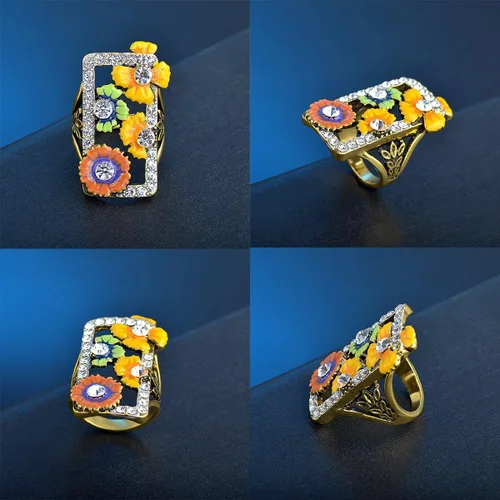 Vista 2 de Anillo ancho de resina esmaltada rectangular grande, anillo grueso floral de dedo completo, chapado en oro de 14 quilates, cuadrado grande, cóctel