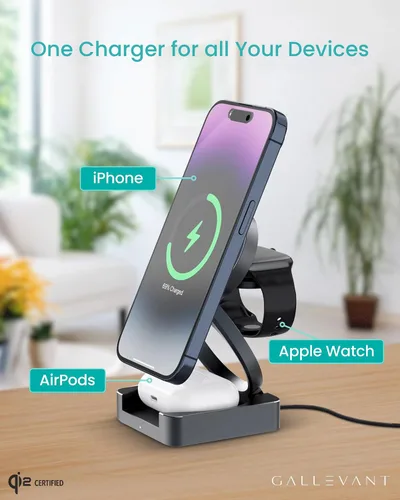 Vista 2 de Soporte de cargador inalámbrico 3-1, compatible con inalámbricos. Certificado Qi2, plegable de 15 W, compatible con iPhone 16/15/14, Apple Watch