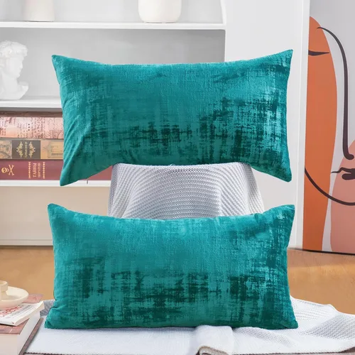 Vista 2 de Home Soft Things Juego de 2 fundas de almohada de terciopelo texturizado, 14 x 26 pulgadas, color verde azulado profundo, fundas decorativas