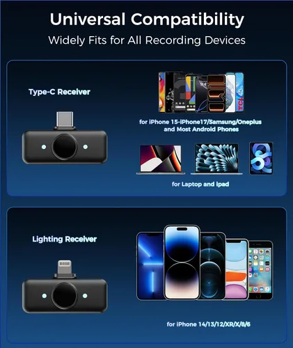 Vista 18 de Micrófono Lavalier inalámbrico para teléfonos iPhone y Android, micrófono de solapa con clip AI Noise Reduction & Hi-Fi Audio & 24H Working Time &
