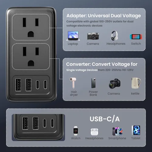 Vista 2 de Convertidor de voltaje de 2000 W, 220 V a 110 V con 2 tomas de CA, 2 puertos USB C y 2 puertos USB A Negro mate (matt black)