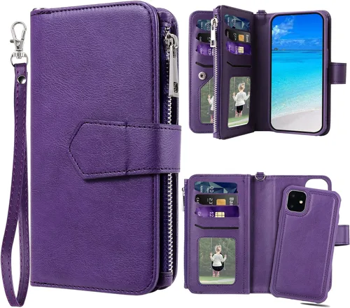 Vista 8 de Funda para iPhone 11, 2 en 1 magnética desmontable, funda de piel sintética con tarjetero para iPhone 11, color negro