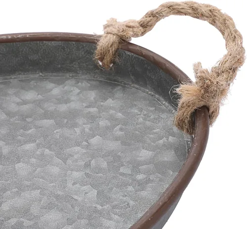 Vista 4 de Hipiwe Bandeja ovalada de hierro galvanizado con asa de cuerda, bandeja de servir rústica industrial para granja, pieza decorativa central para mesa